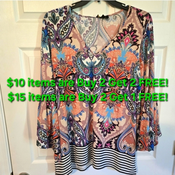 NWT MELISSA PAIGE COLORFUL STRETCH V-NECK TOP, 2X - Picture 1 of 8